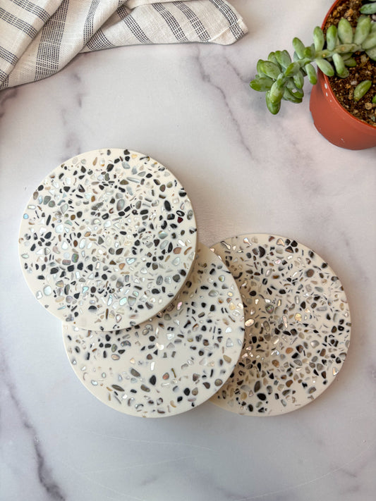White Large Abalone Terrazzo Coasters – Set of 3