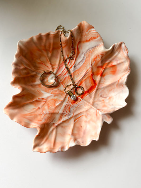 Orange Marbled Leaf Ring Dish