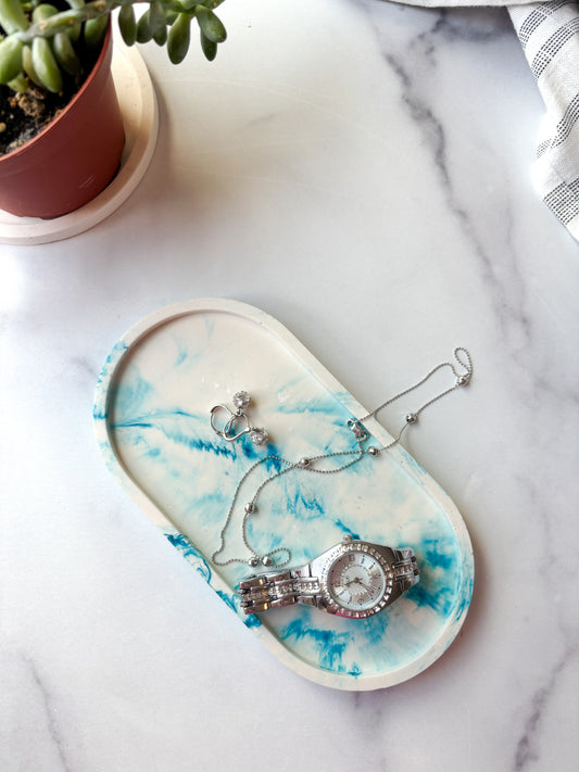 Teal Blue Marbled Oval Trinket Tray – Catchall Dish