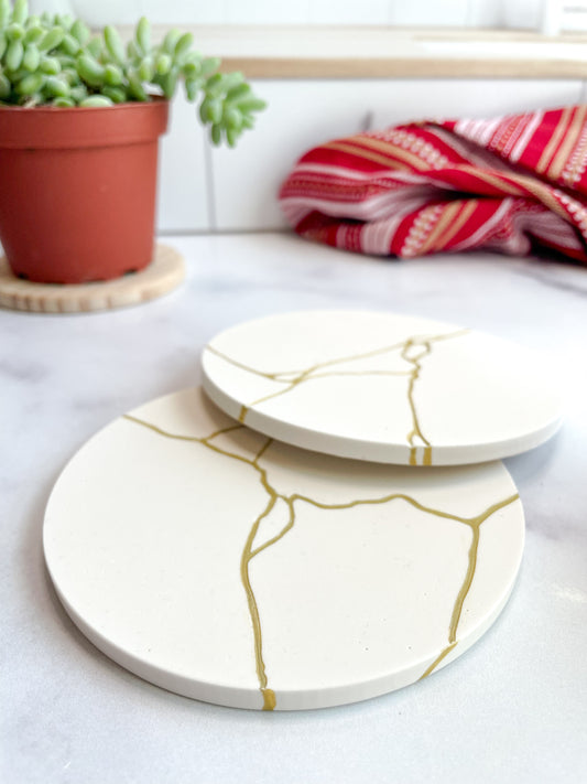 White & Gold Kintsugi-Inspired Coasters-Set of 2