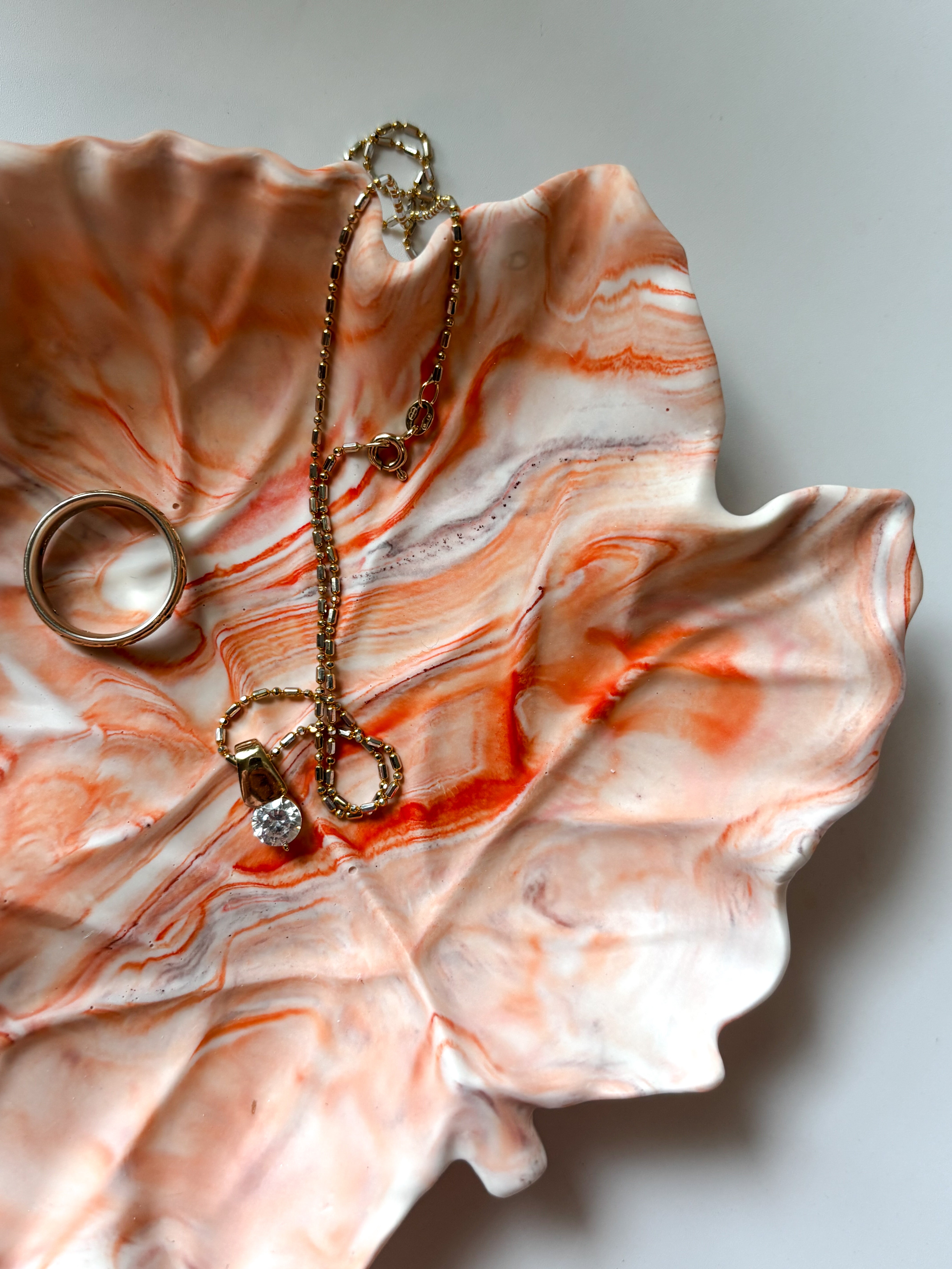 Orange Marbled Leaf Ring Dish
