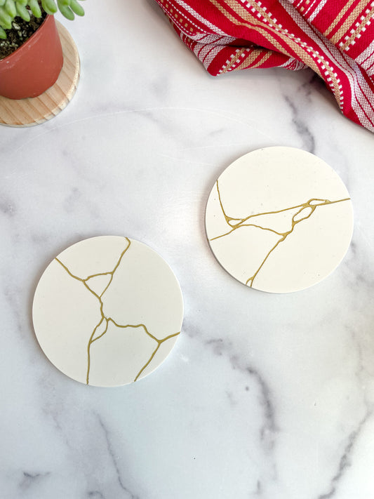 White & Gold Kintsugi-Inspired Coasters-Set of 2