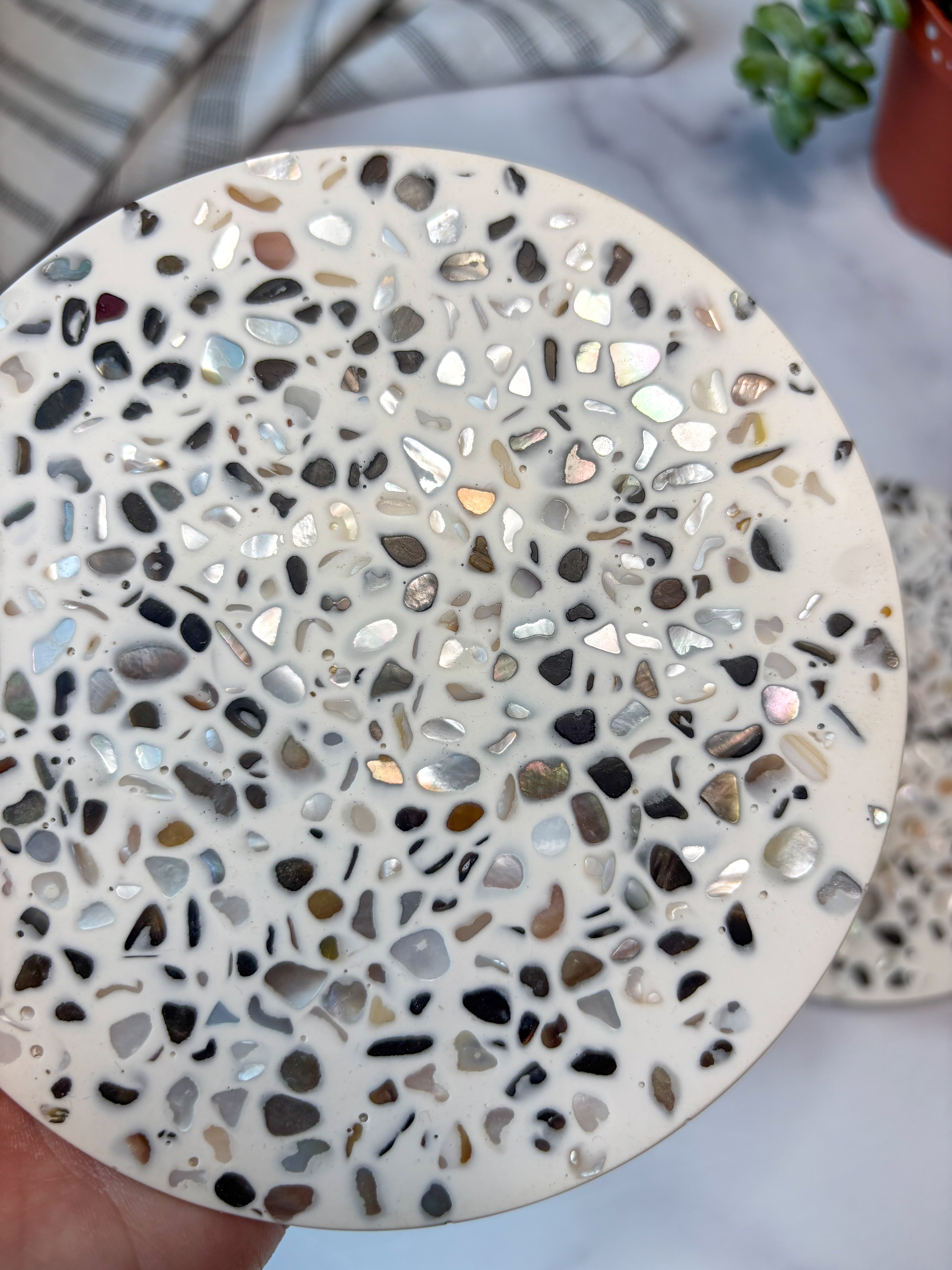 White Large Abalone Terrazzo Coasters – Set of 3