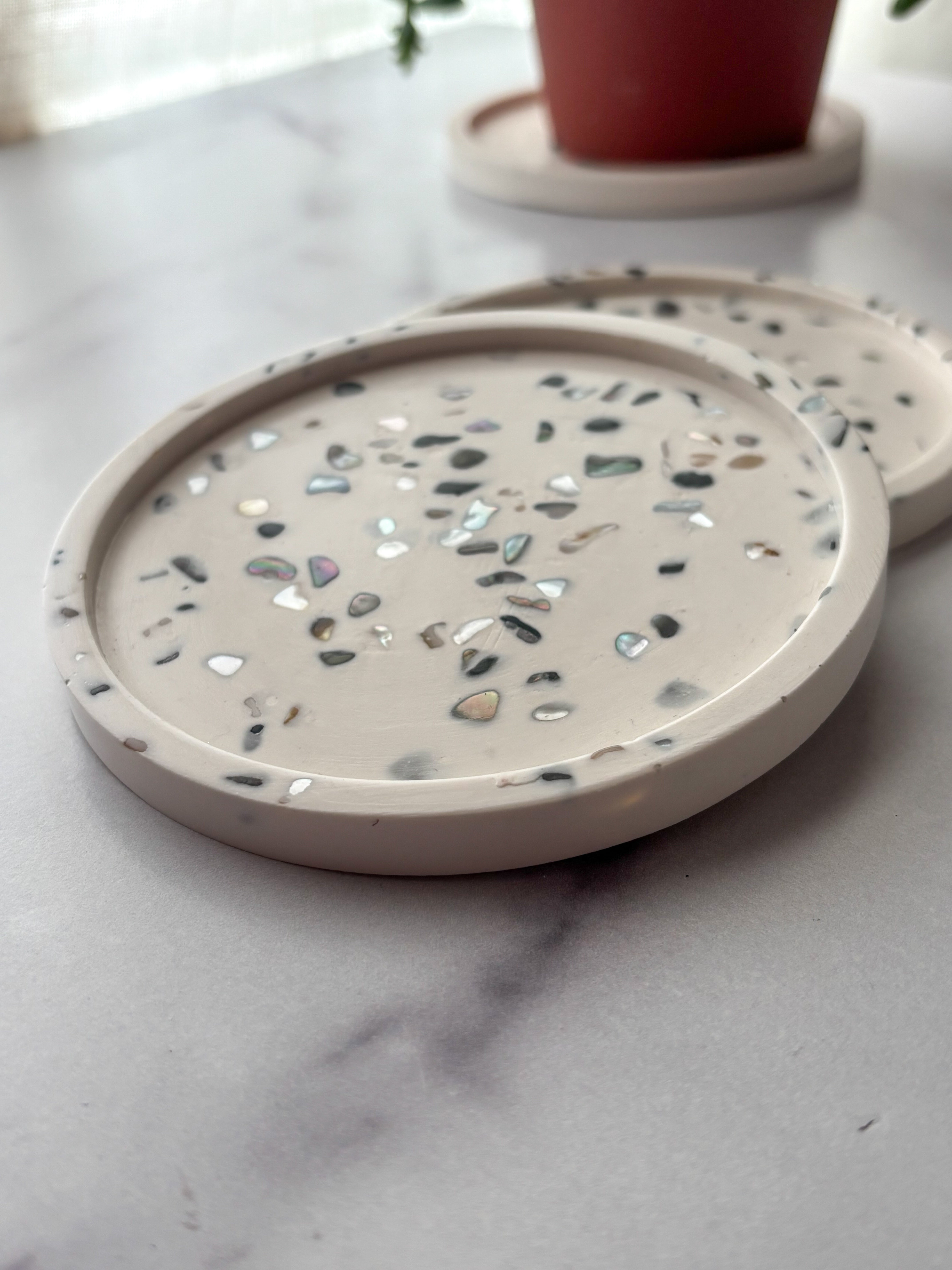 White Abalone Terrazzo Coasters – Set of 2