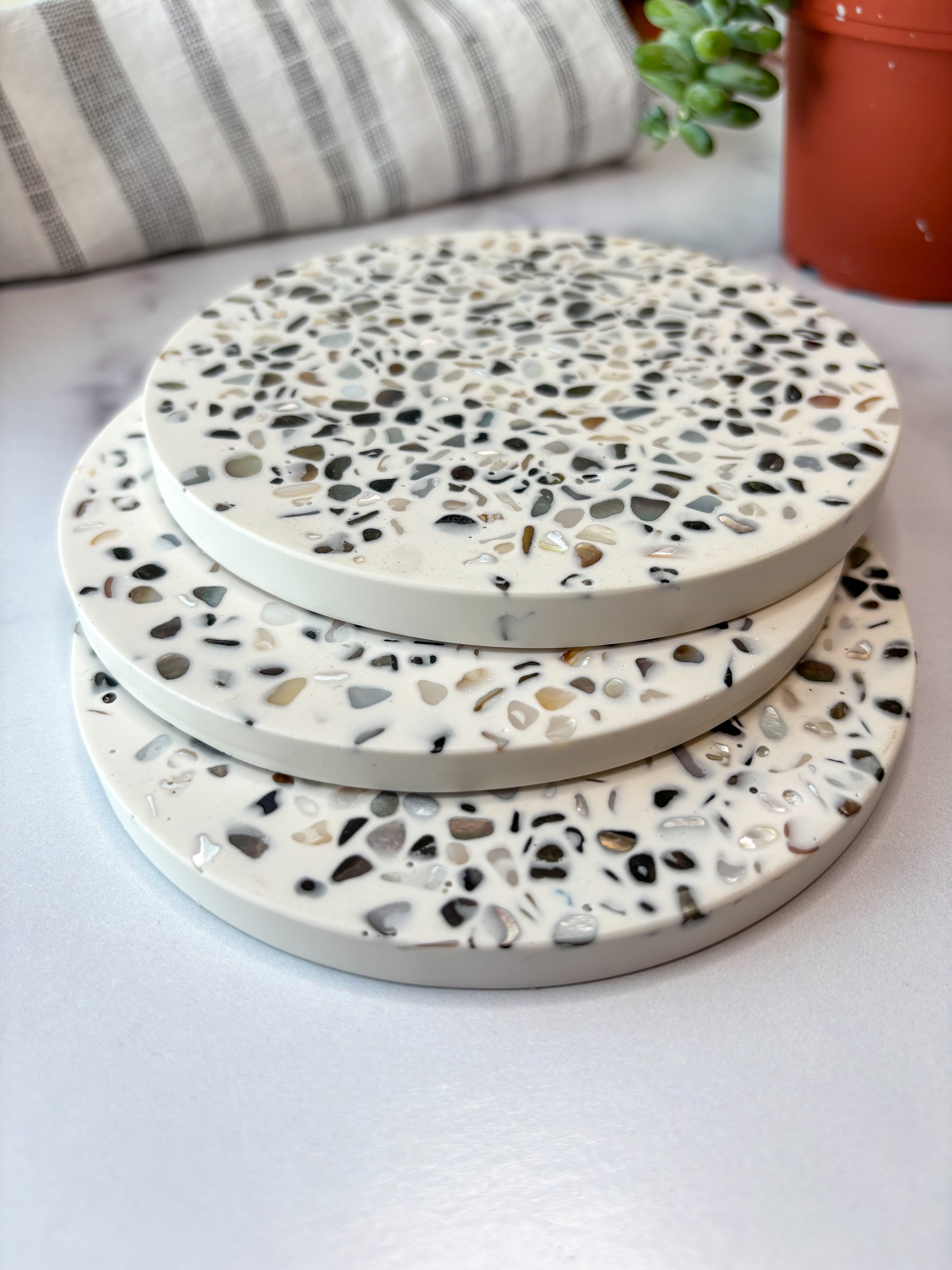 White Large Abalone Terrazzo Coasters – Set of 3