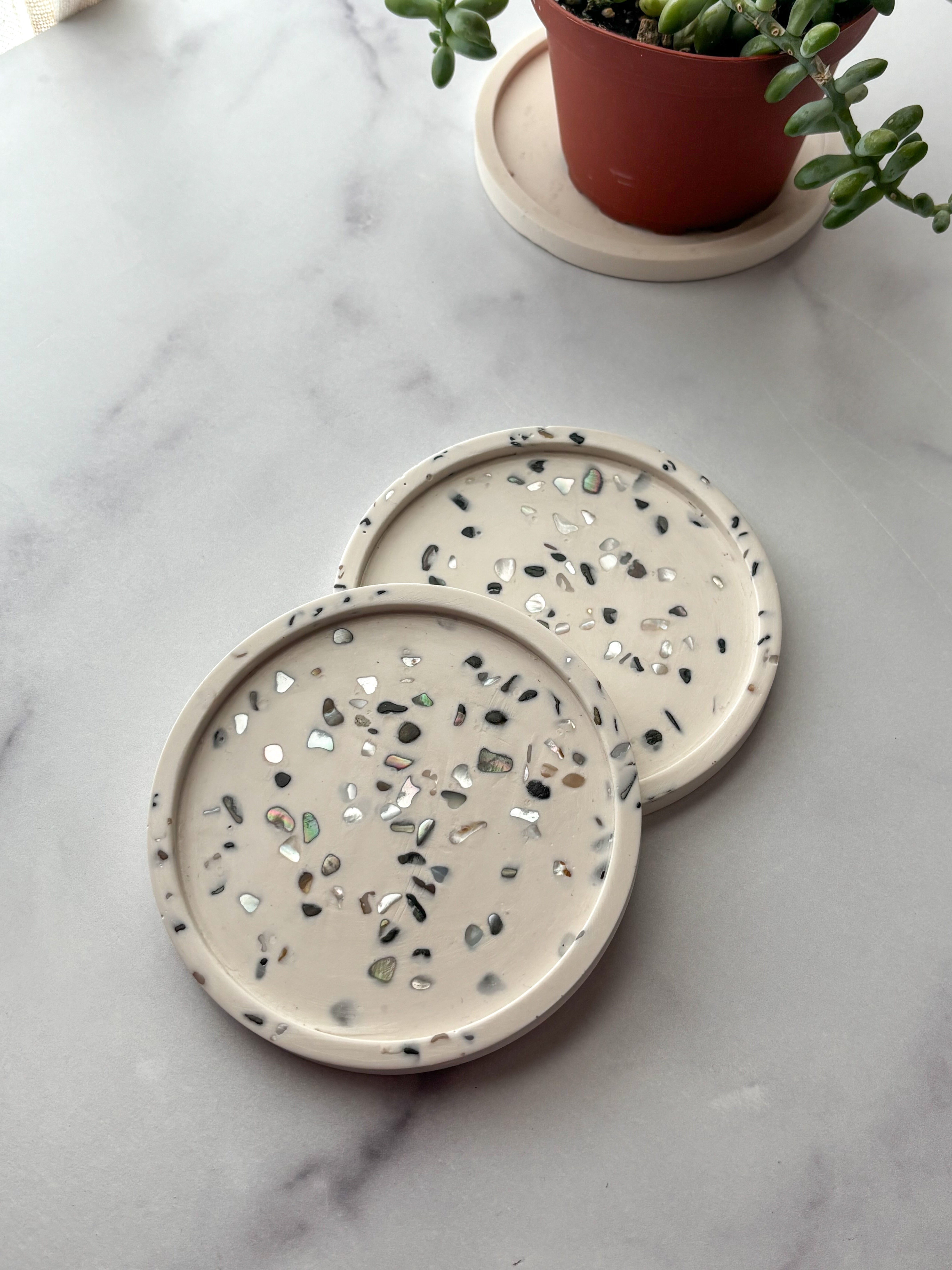 White Abalone Terrazzo Coasters – Set of 2