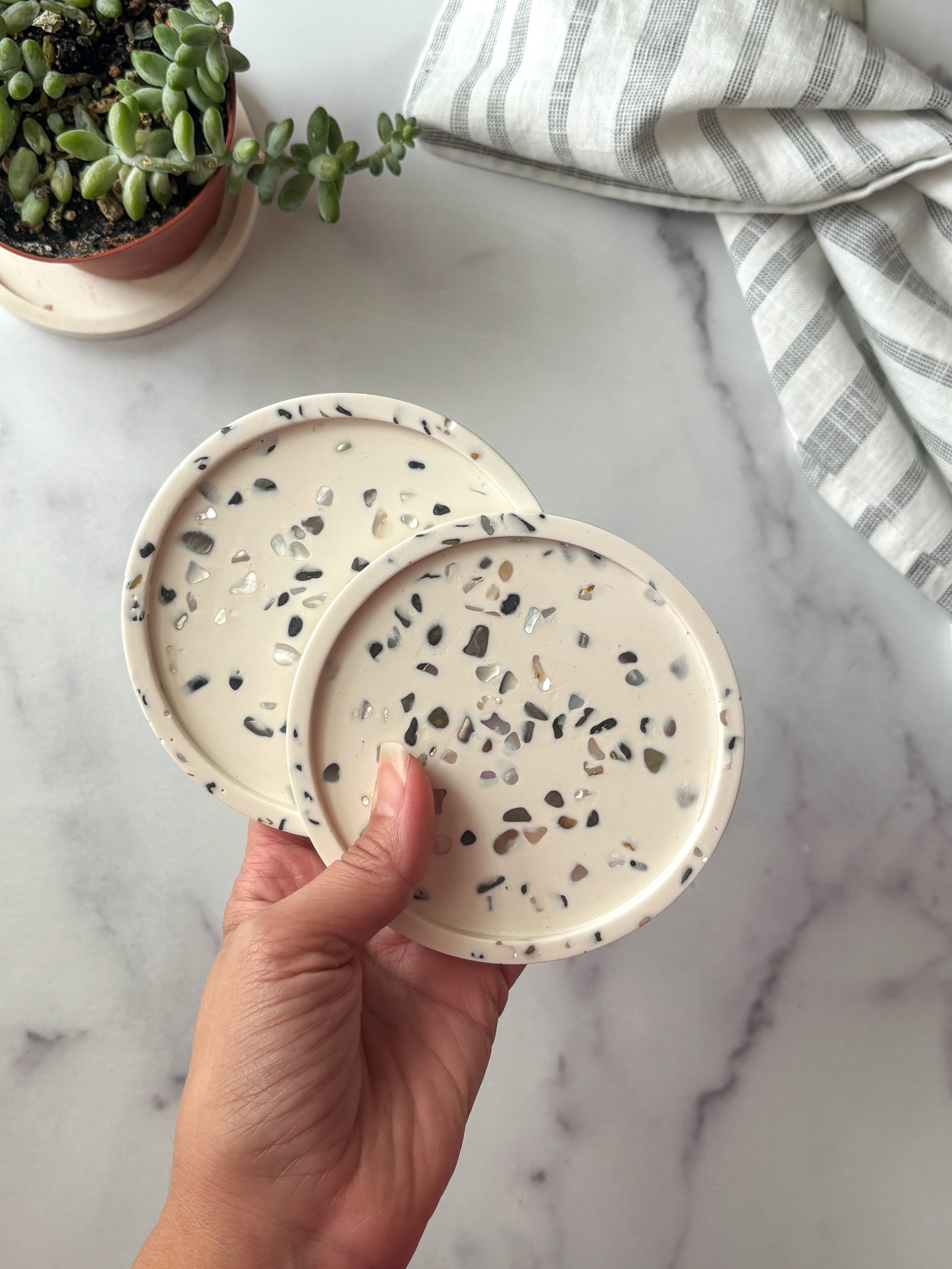 White Abalone Terrazzo Coasters – Set of 2