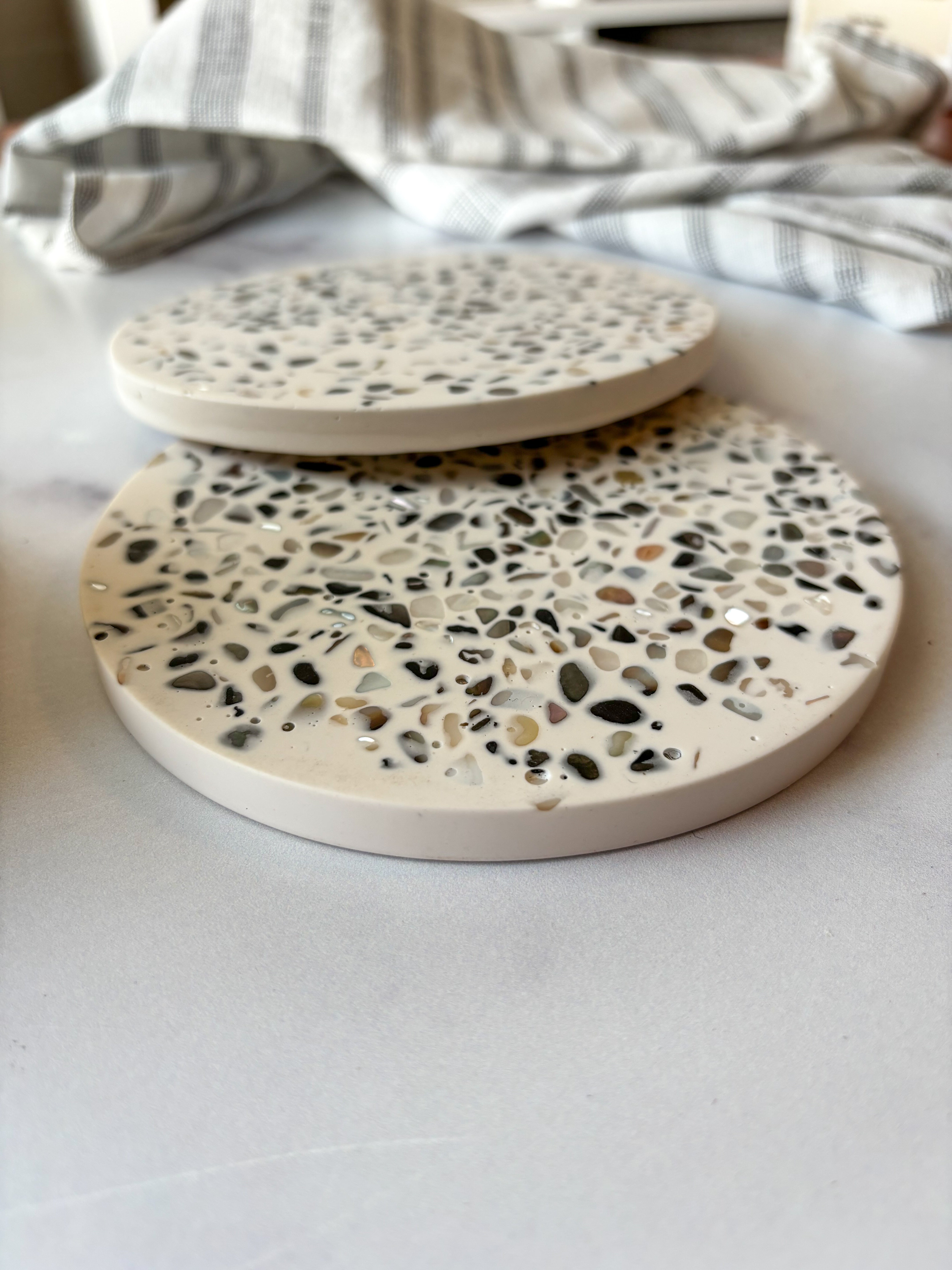 White Large Abalone Terrazzo Coasters – Set of 3