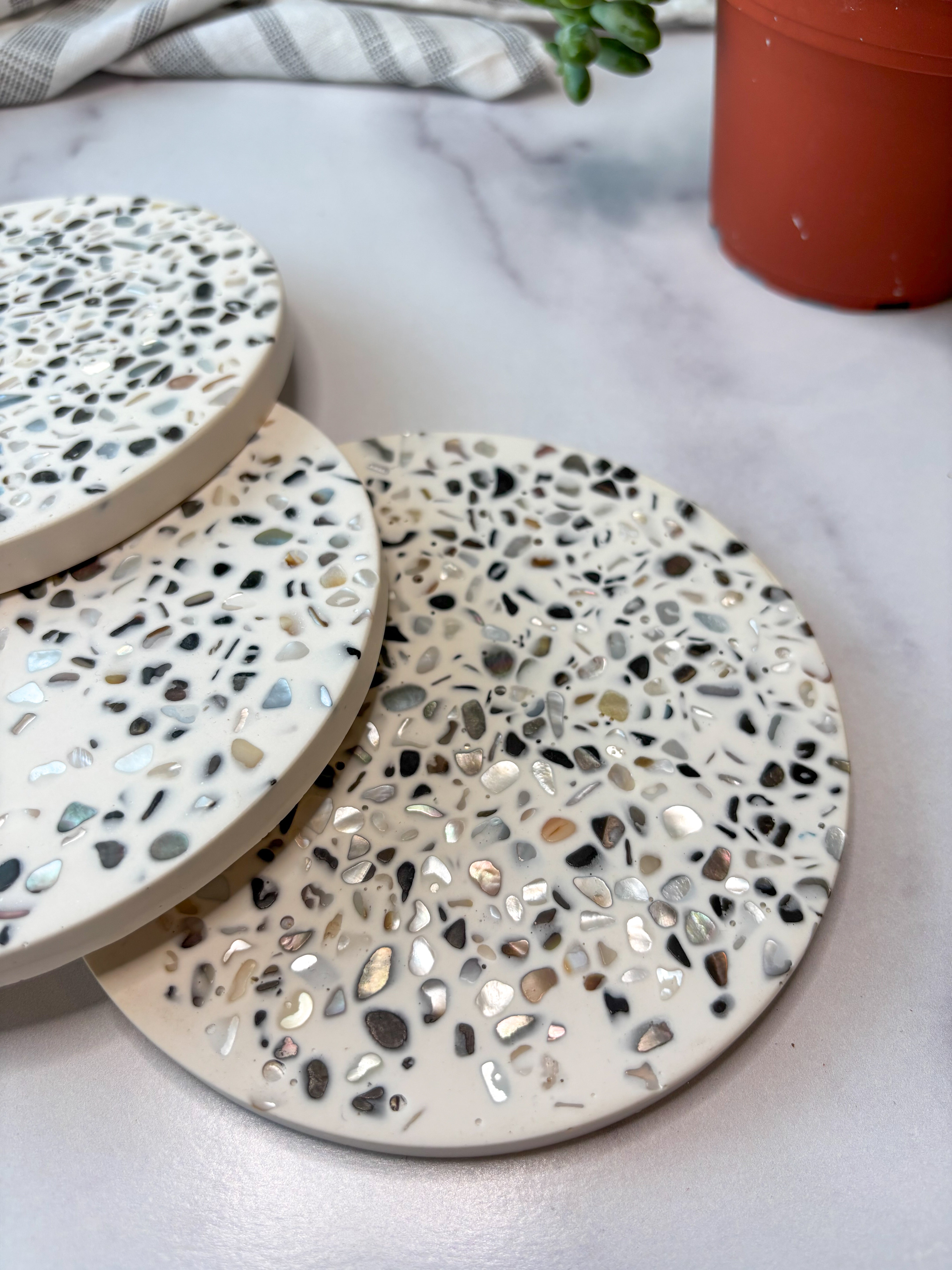 White Large Abalone Terrazzo Coasters – Set of 3