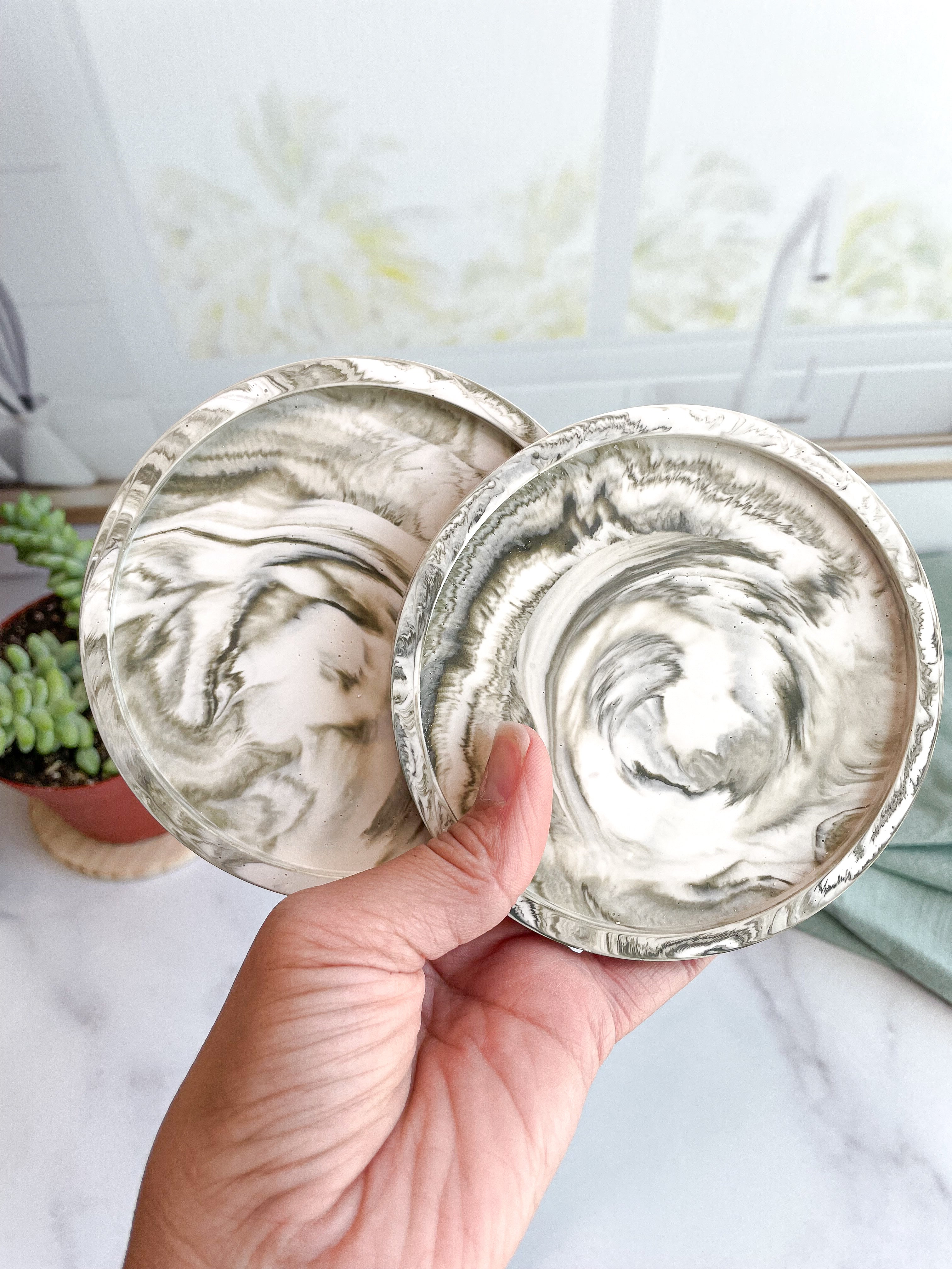 Moss Green Marbled Coasters – Set of 2