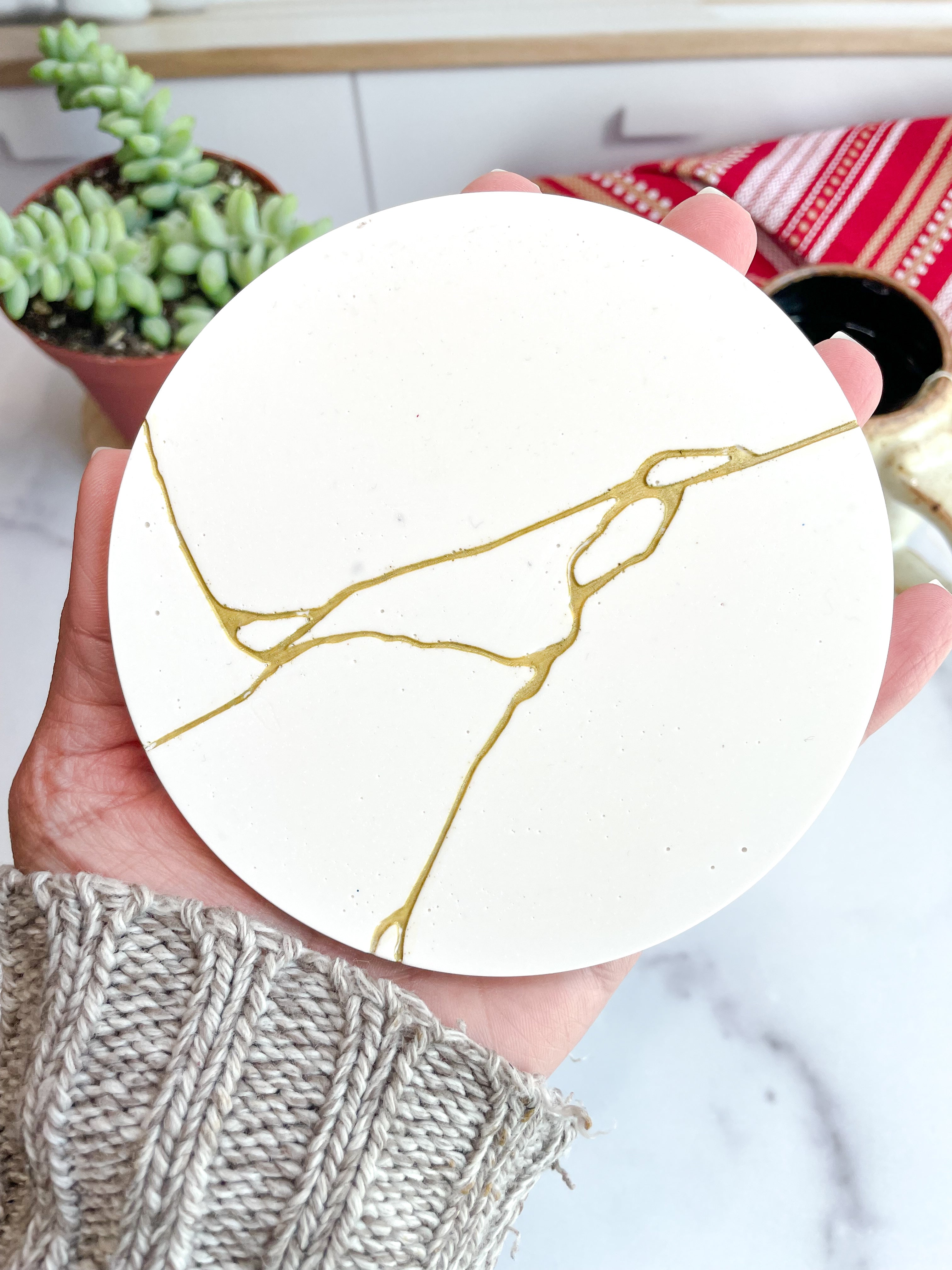 White & Gold Kintsugi-Inspired Coasters-Set of 2