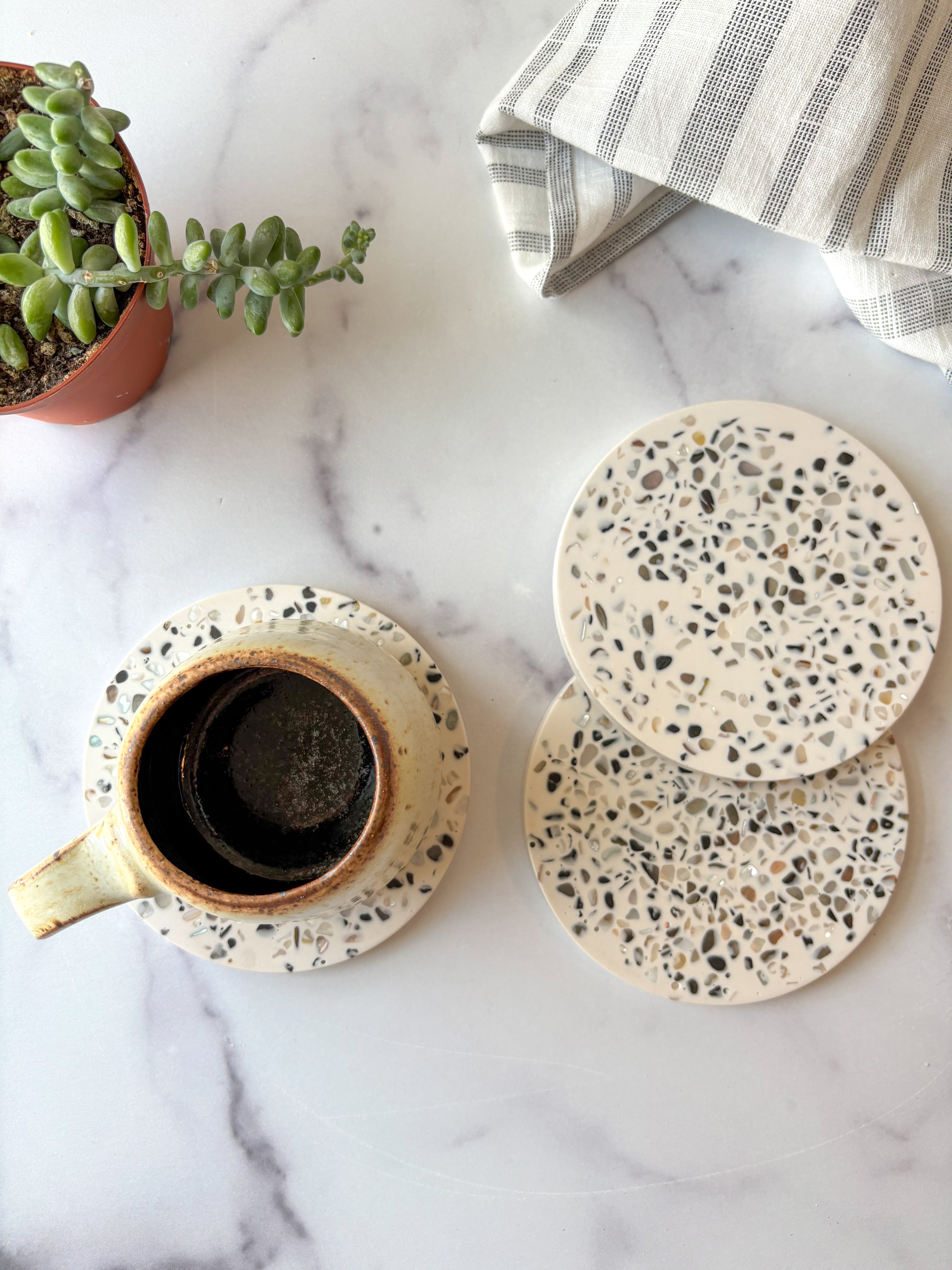 White Large Abalone Terrazzo Coasters – Set of 3