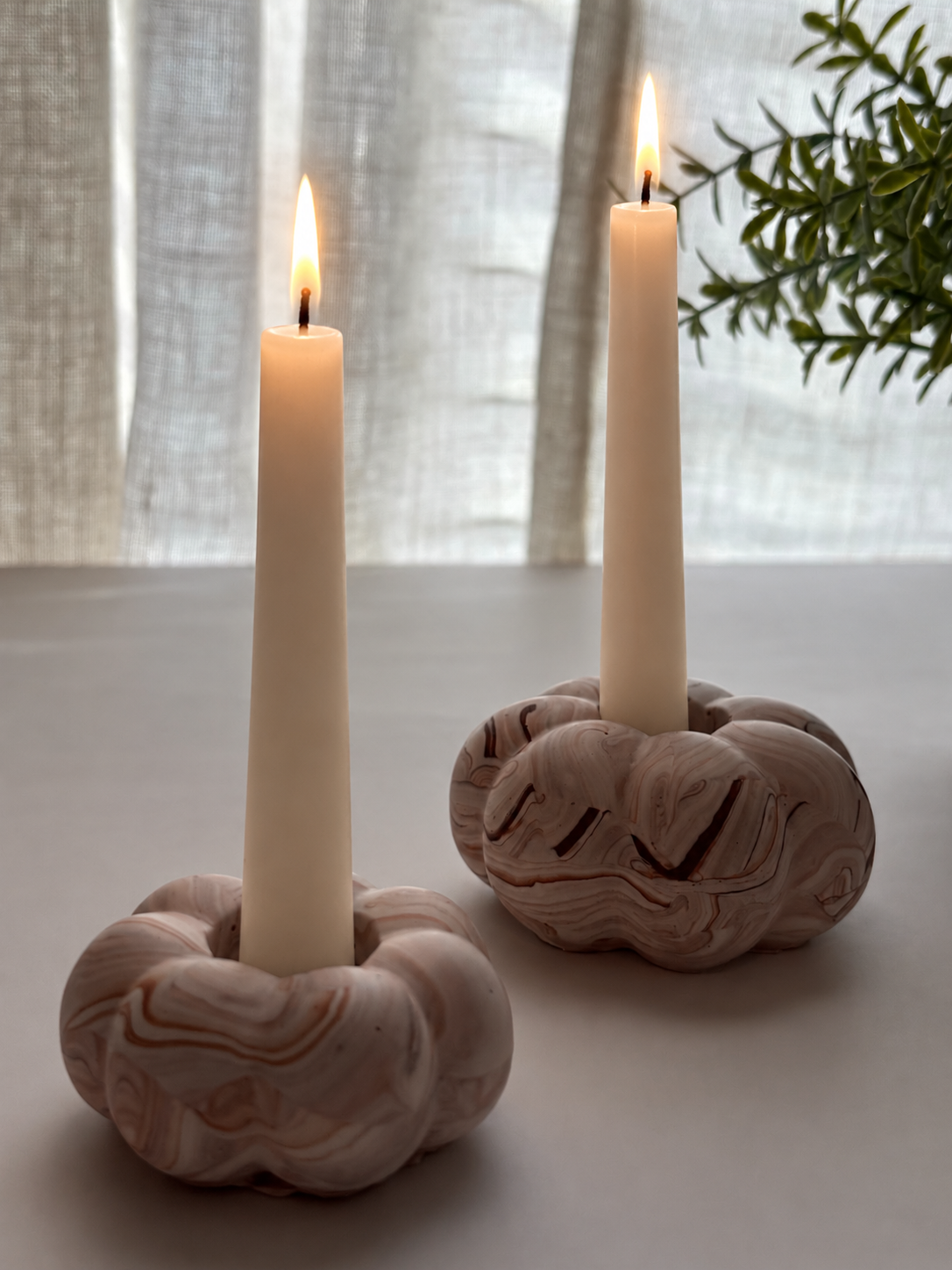 Brown Marbled Pumpkin Candle Holder - Set of 2