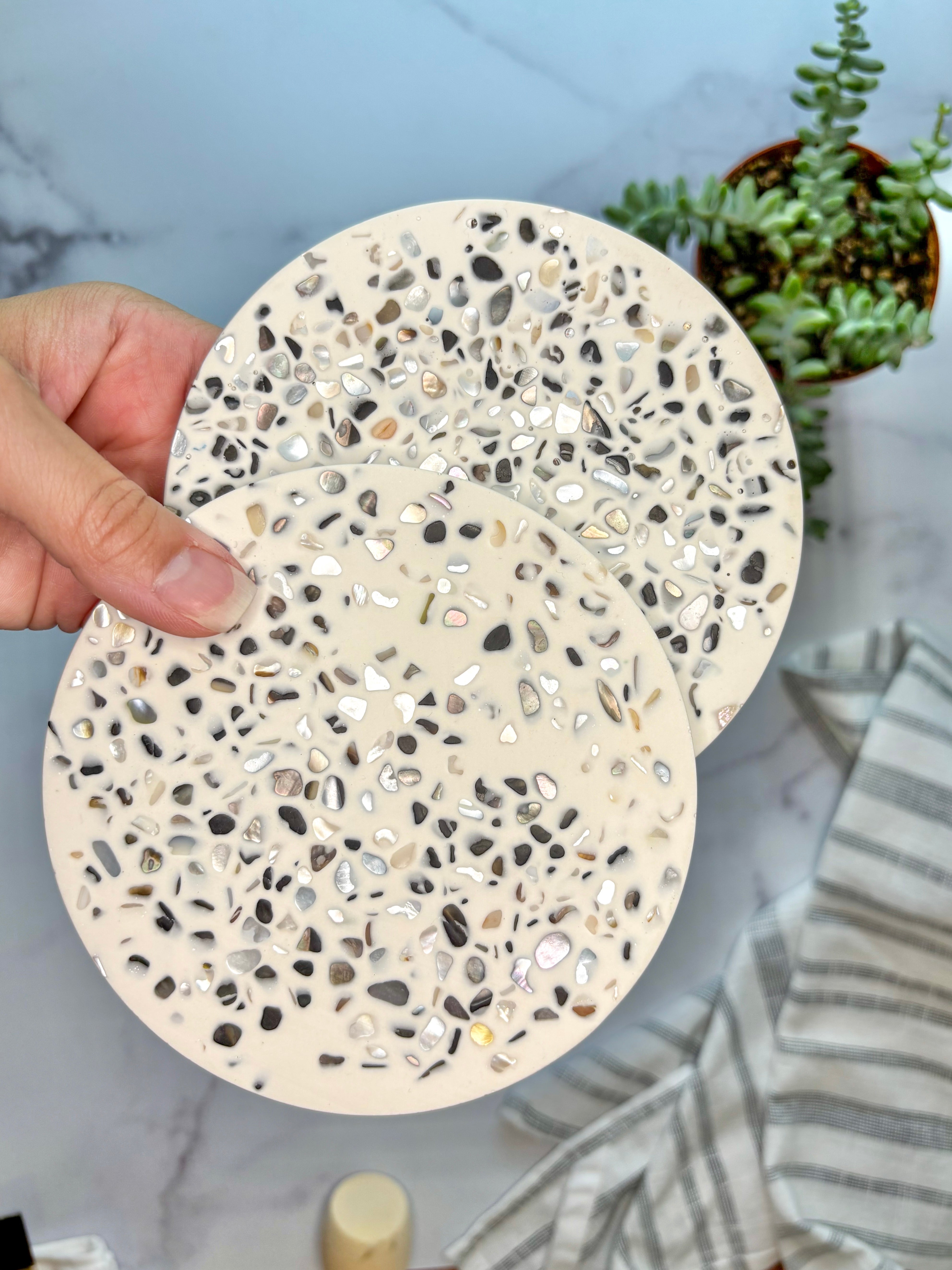 White Large Abalone Terrazzo Coasters – Set of 3