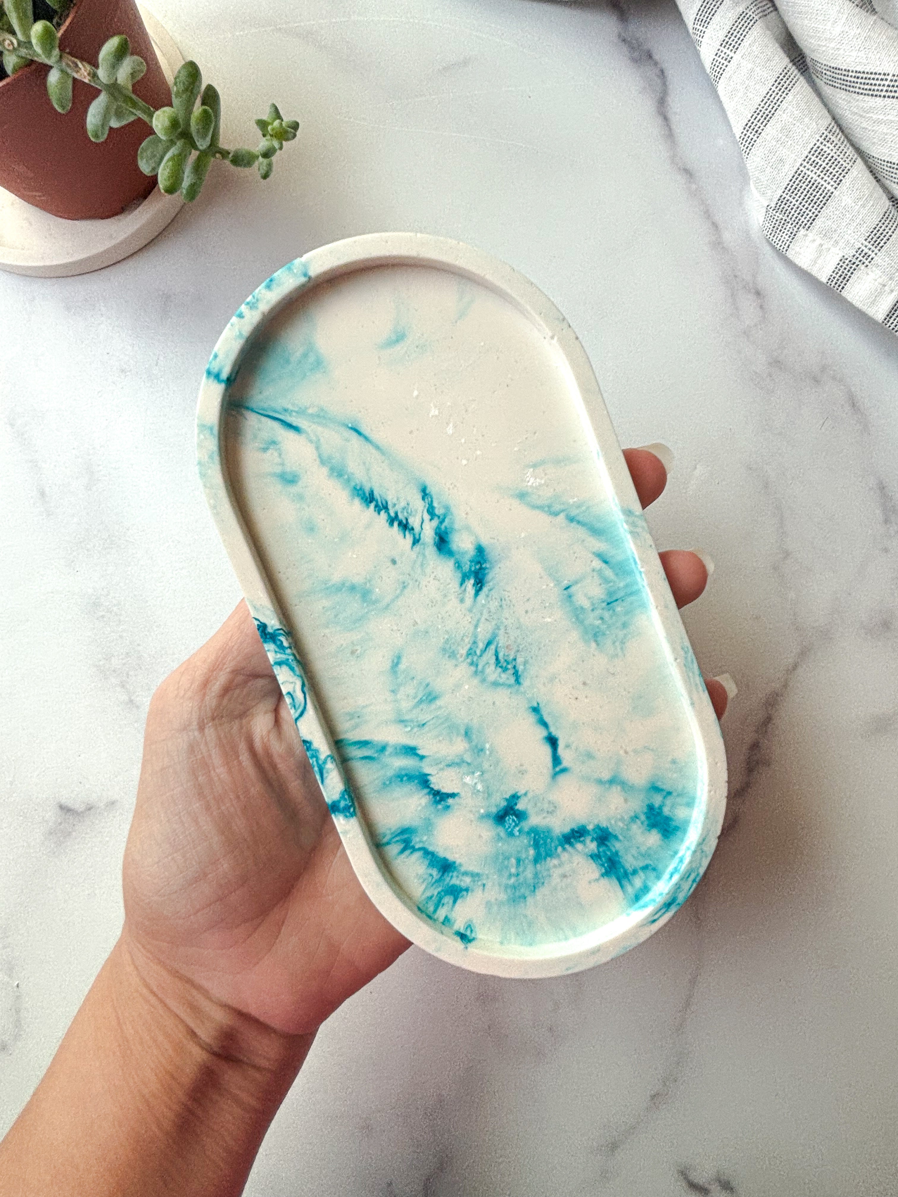 Teal Blue Marbled Oval Trinket Tray – Catchall Dish