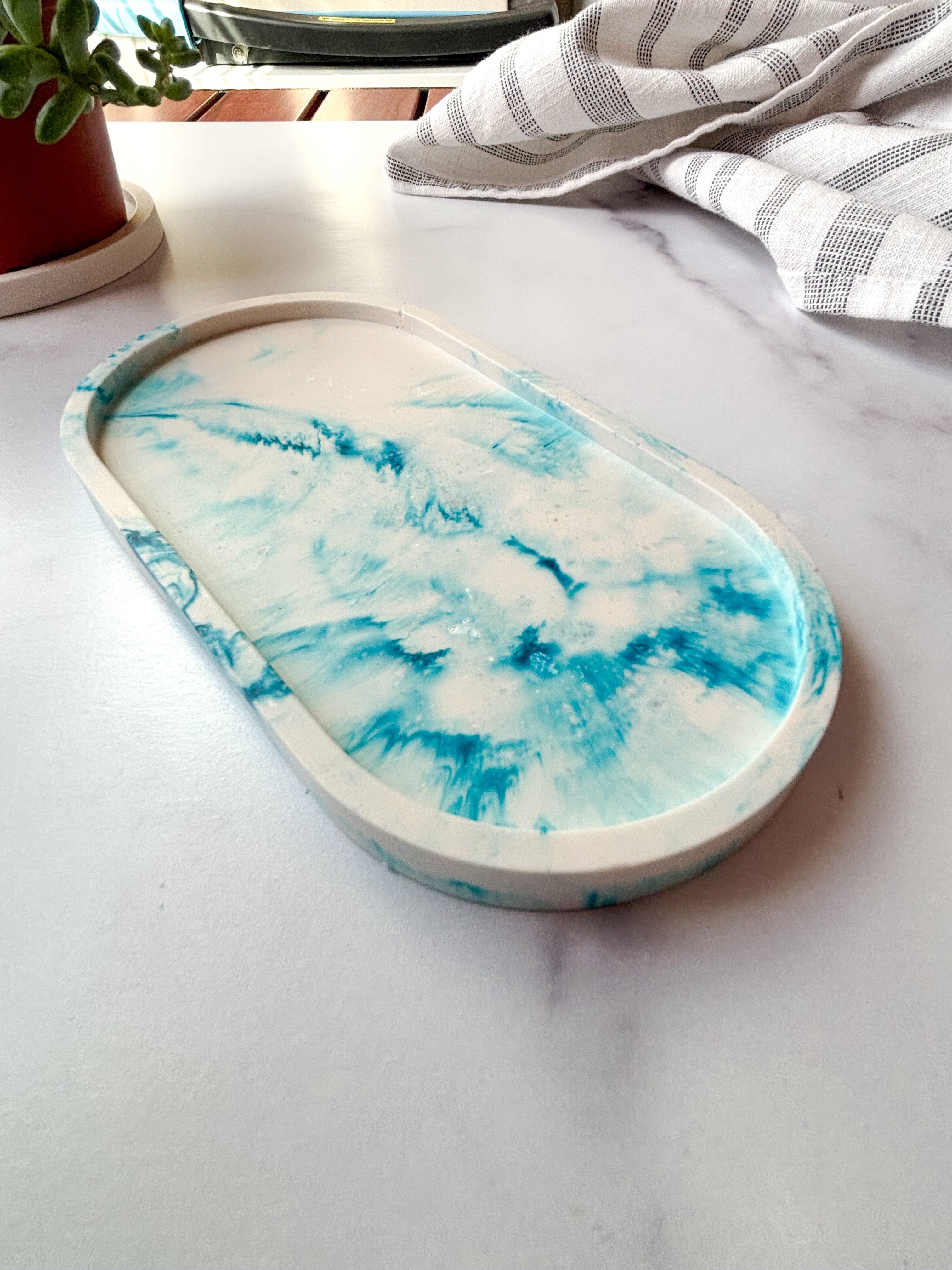 Teal Blue Marbled Oval Trinket Tray – Catchall Dish