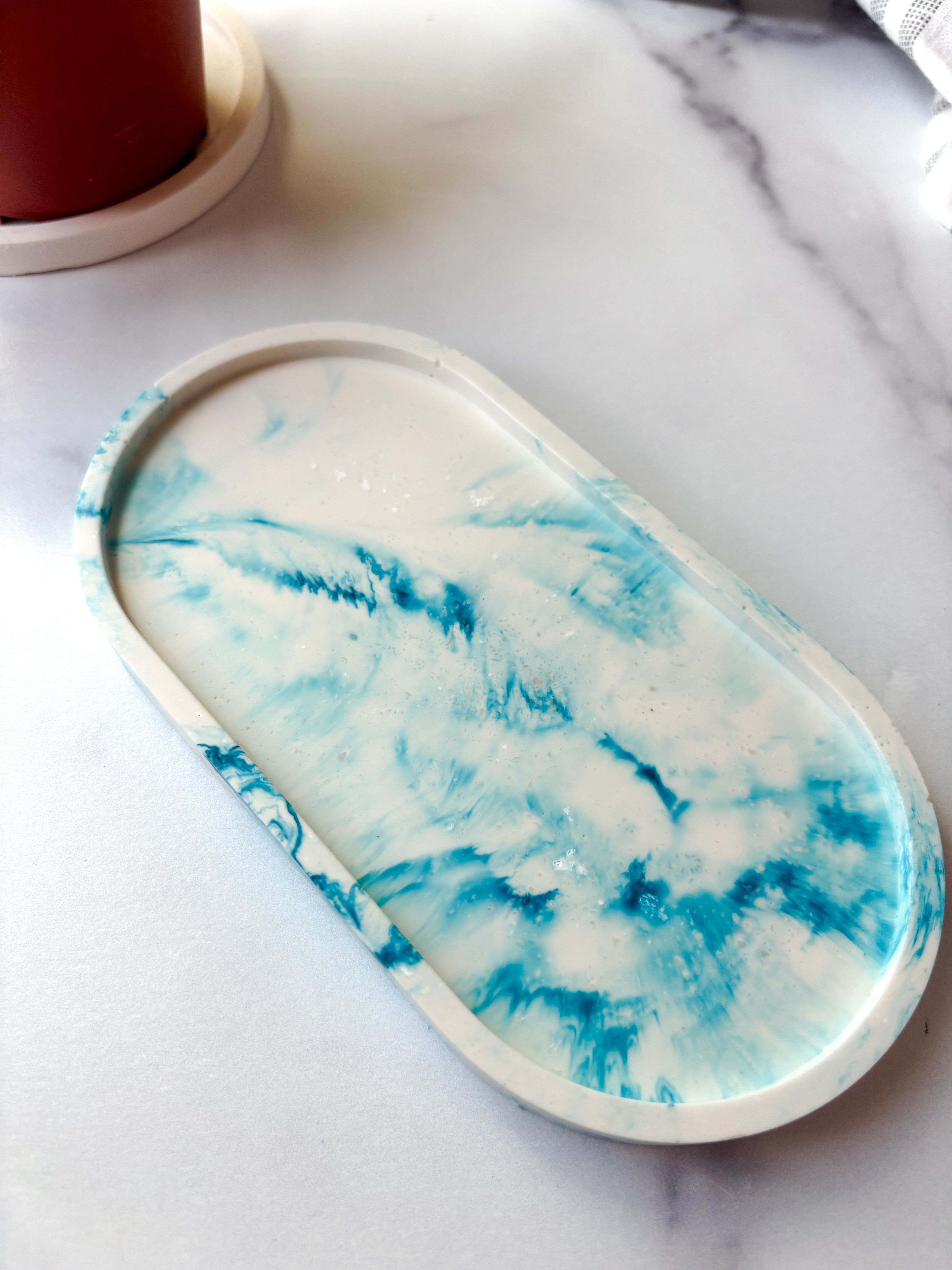 Teal Blue Marbled Oval Trinket Tray – Catchall Dish