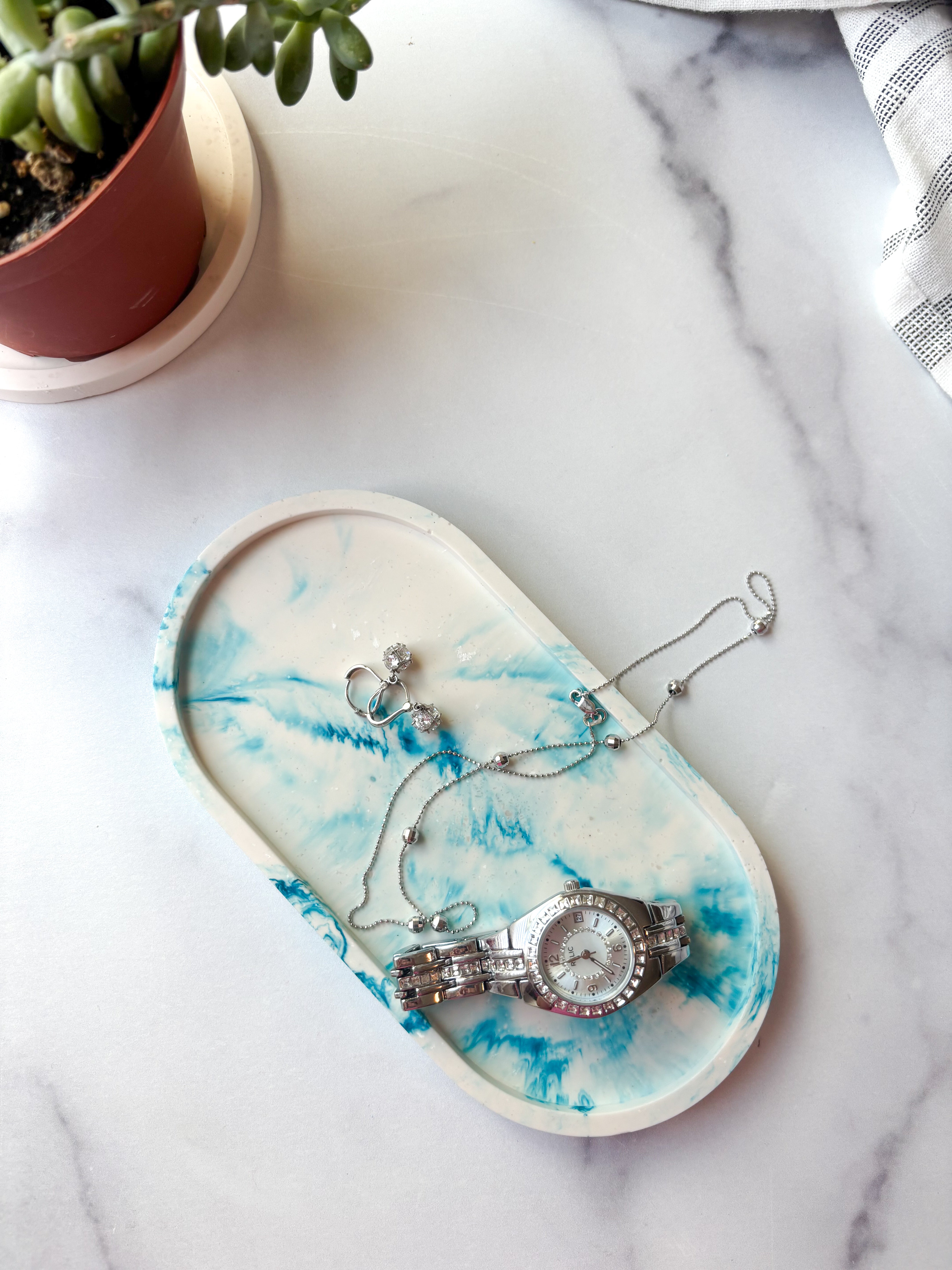Teal Blue Marbled Oval Trinket Tray – Catchall Dish