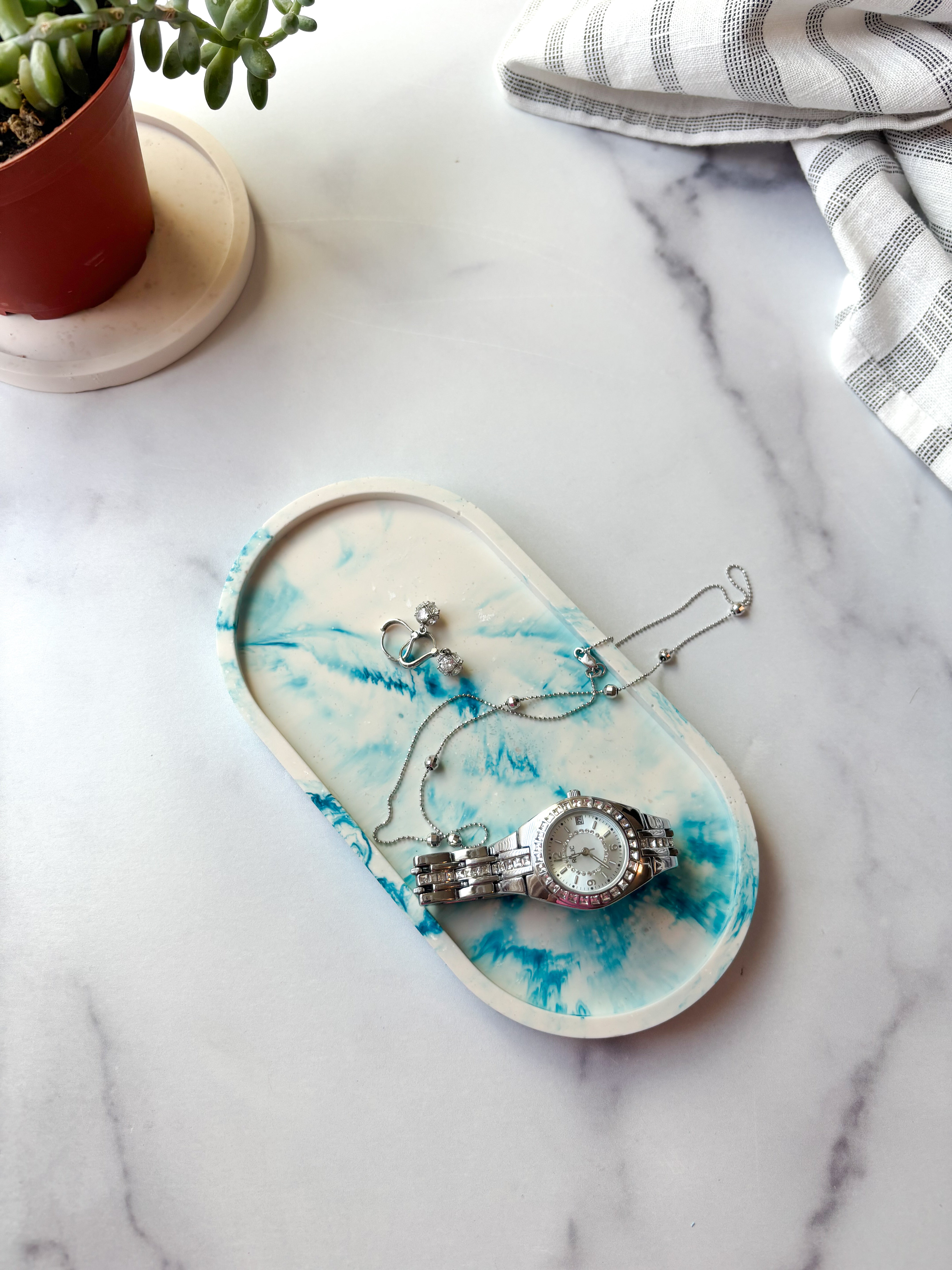 Teal Blue Marbled Oval Trinket Tray – Catchall Dish