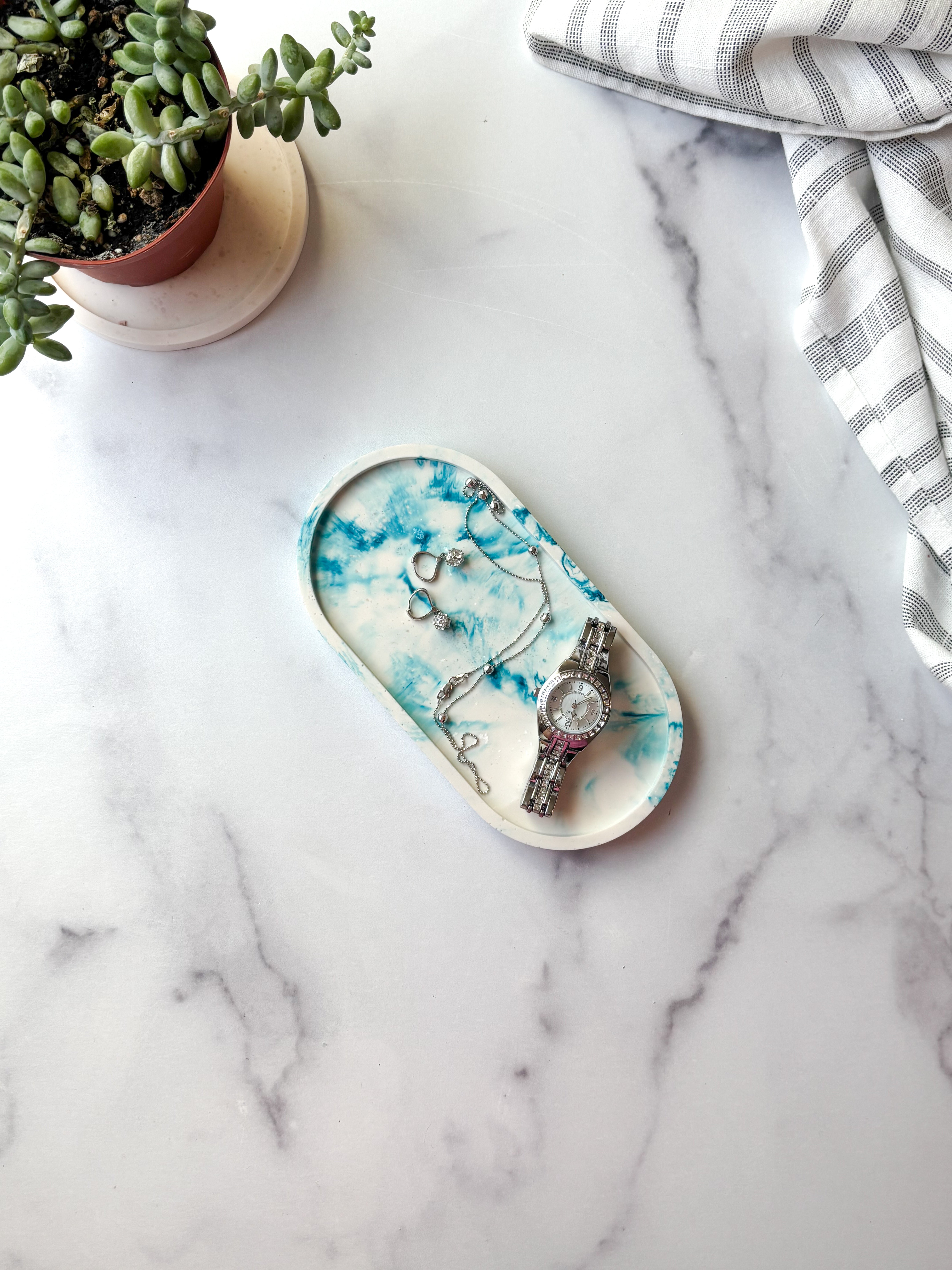 Teal Blue Marbled Oval Trinket Tray – Catchall Dish