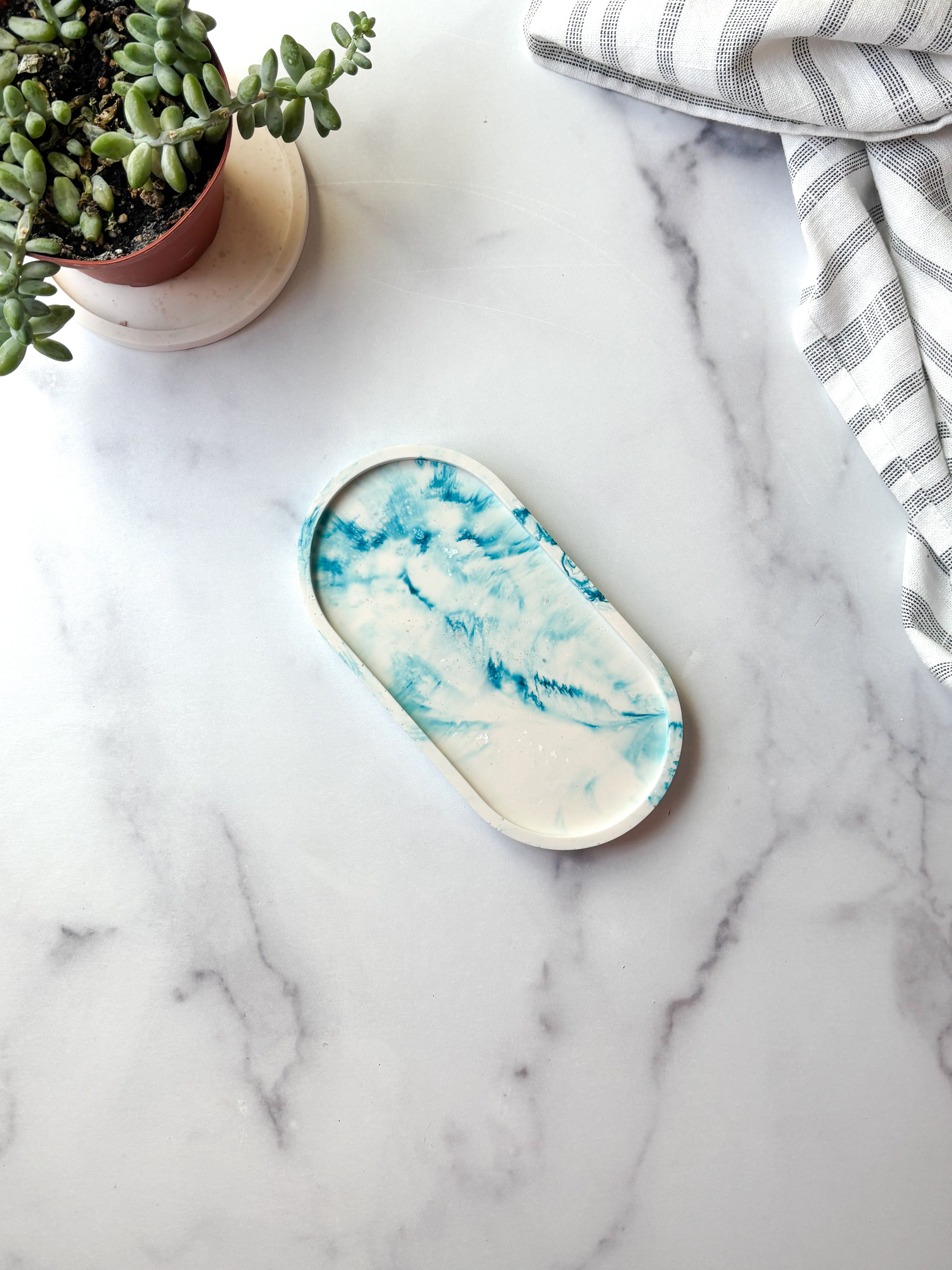 Teal Blue Marbled Oval Trinket Tray – Catchall Dish