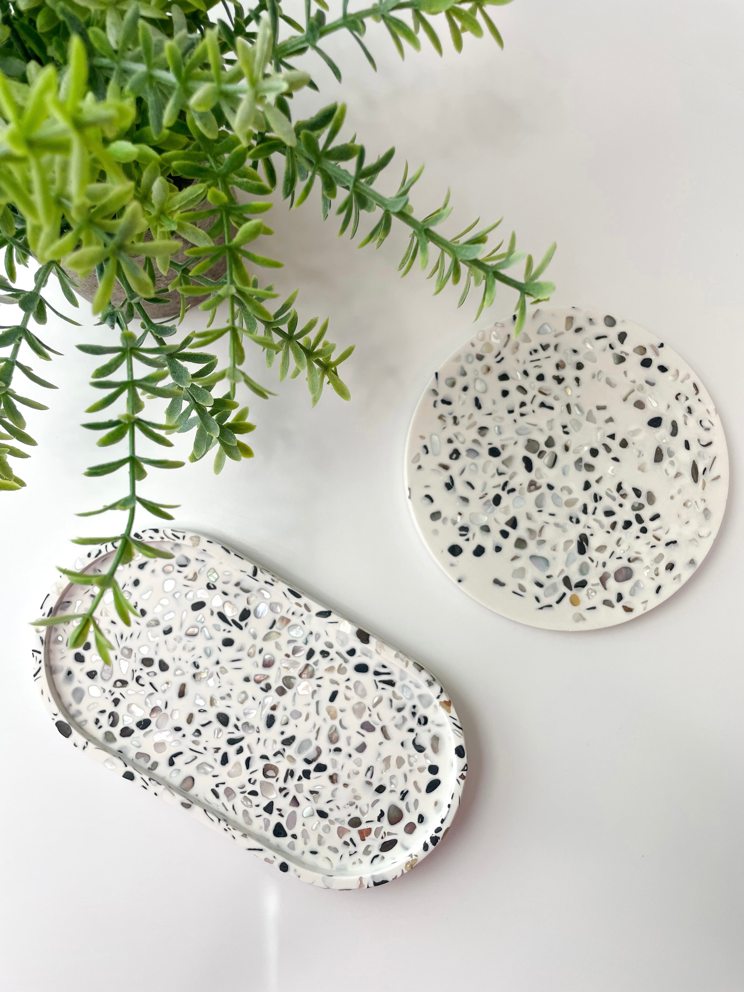 White Abalone Terrazzo Trinket Tray, Oval Stone-Inspired Decorative Tray