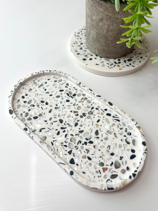 White Abalone Terrazzo Trinket Tray, Oval Stone-Inspired Decorative Tray