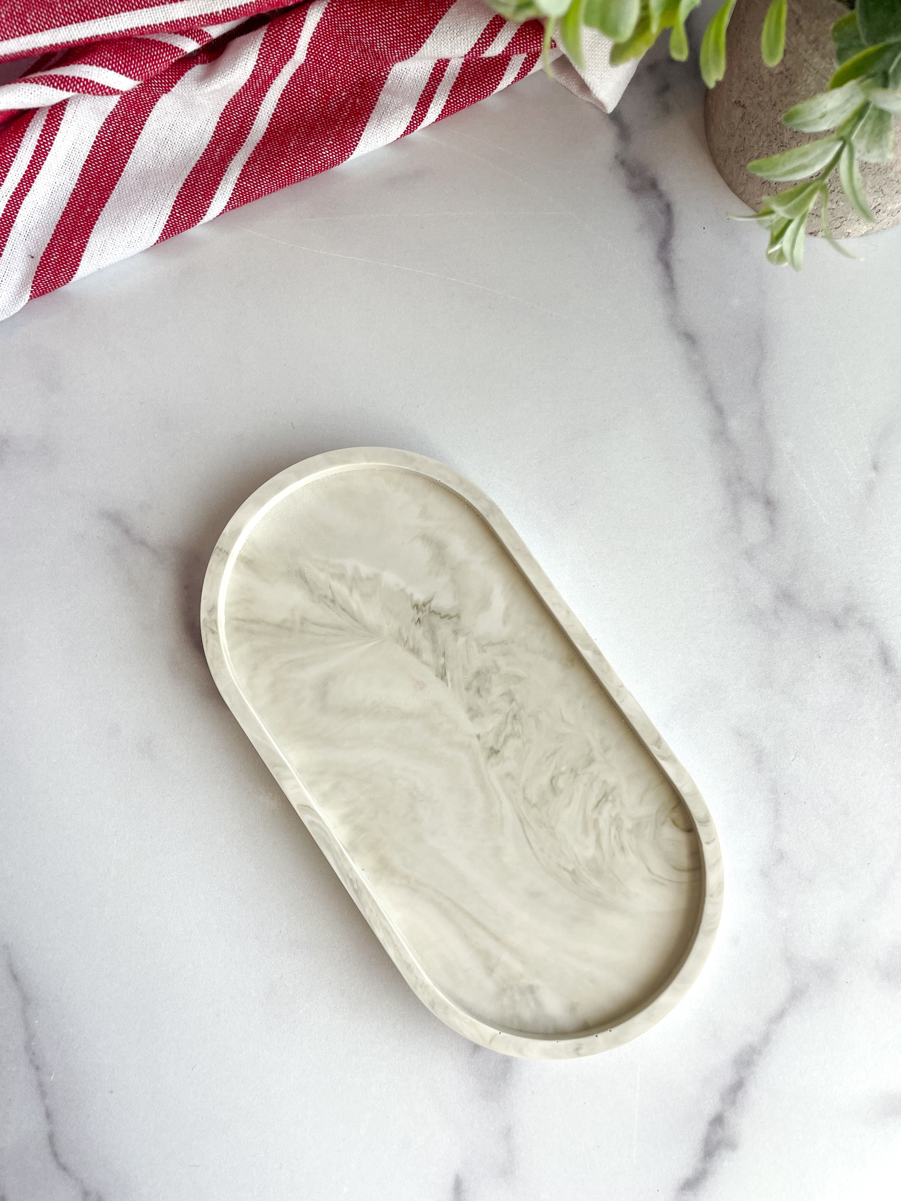 Green Marbled Oval Trinket Tray - Catchall Dish