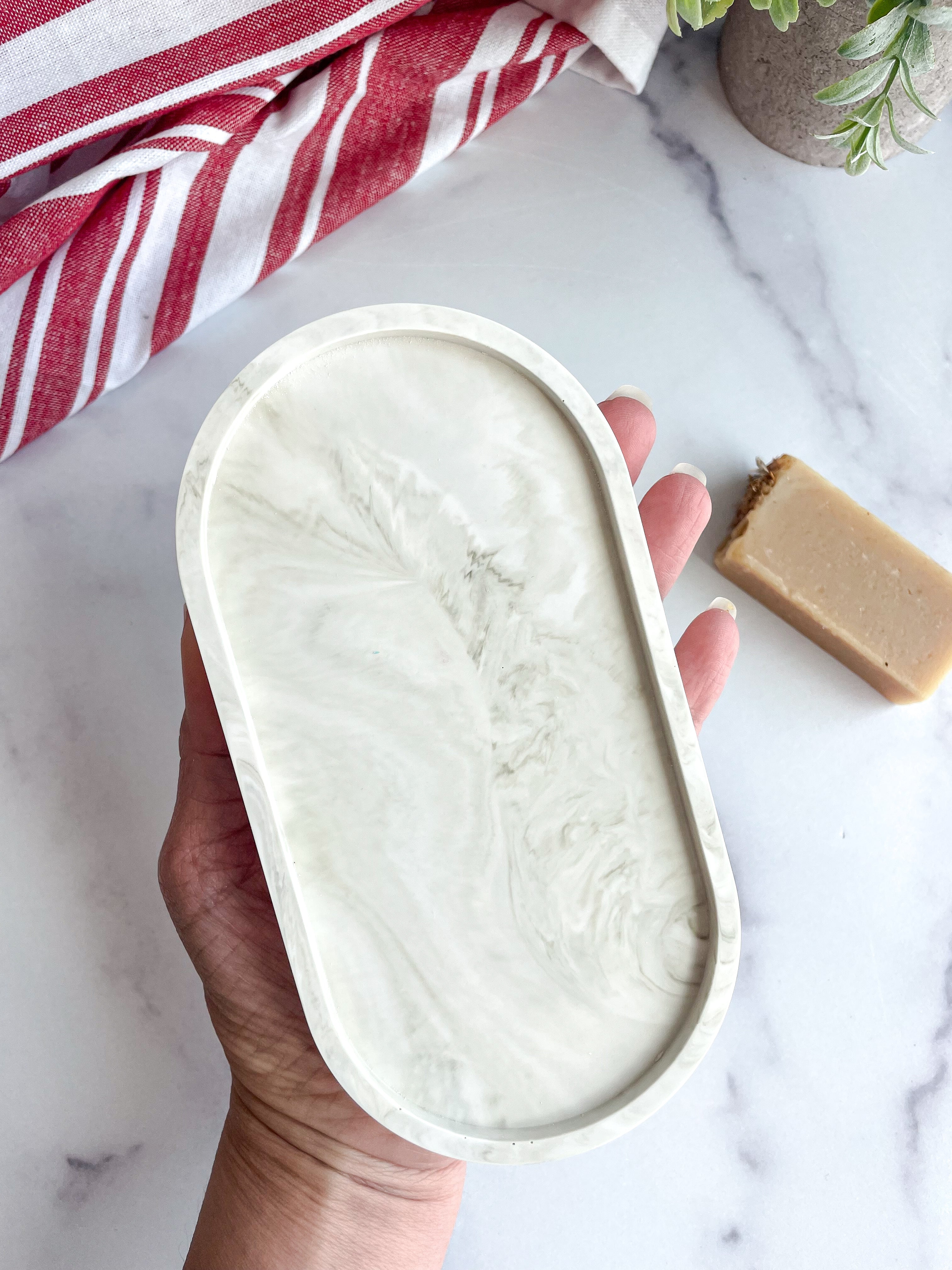 Green Marbled Oval Trinket Tray - Catchall Dish