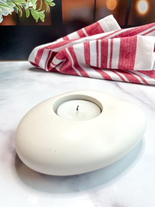 White & Gray Marbled Tealight Holder Set, Oval Stone-Inspired Candle Holders