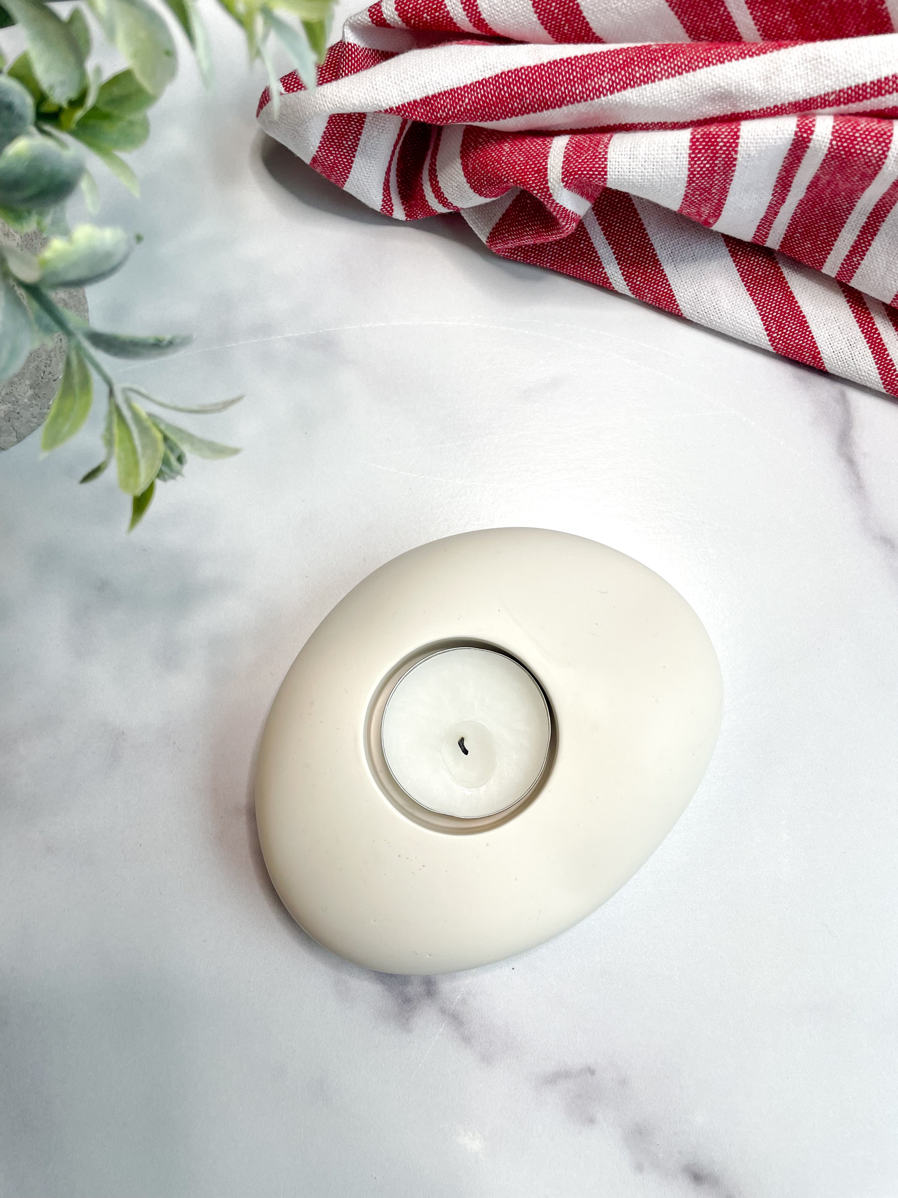 White & Gray Marbled Tealight Holder Set, Oval Stone-Inspired Candle Holders
