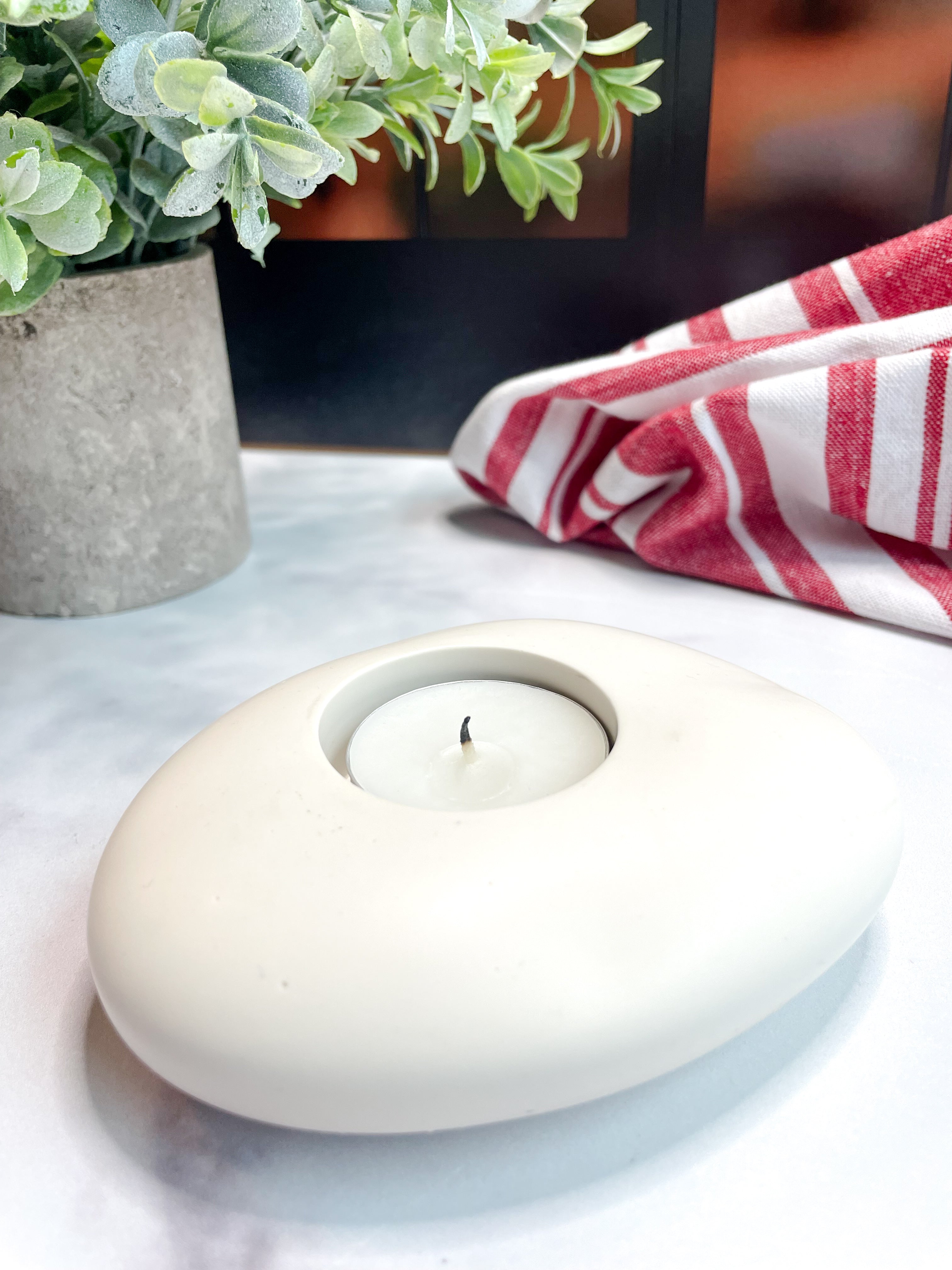 White & Gray Marbled Tealight Holder Set, Oval Stone-Inspired Candle Holders