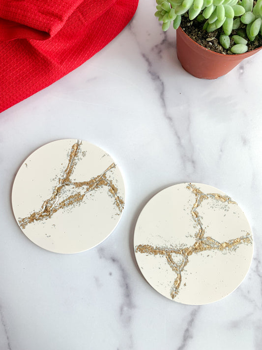 White & Gold Kintsugi-Inspired Coasters – Set of 2
