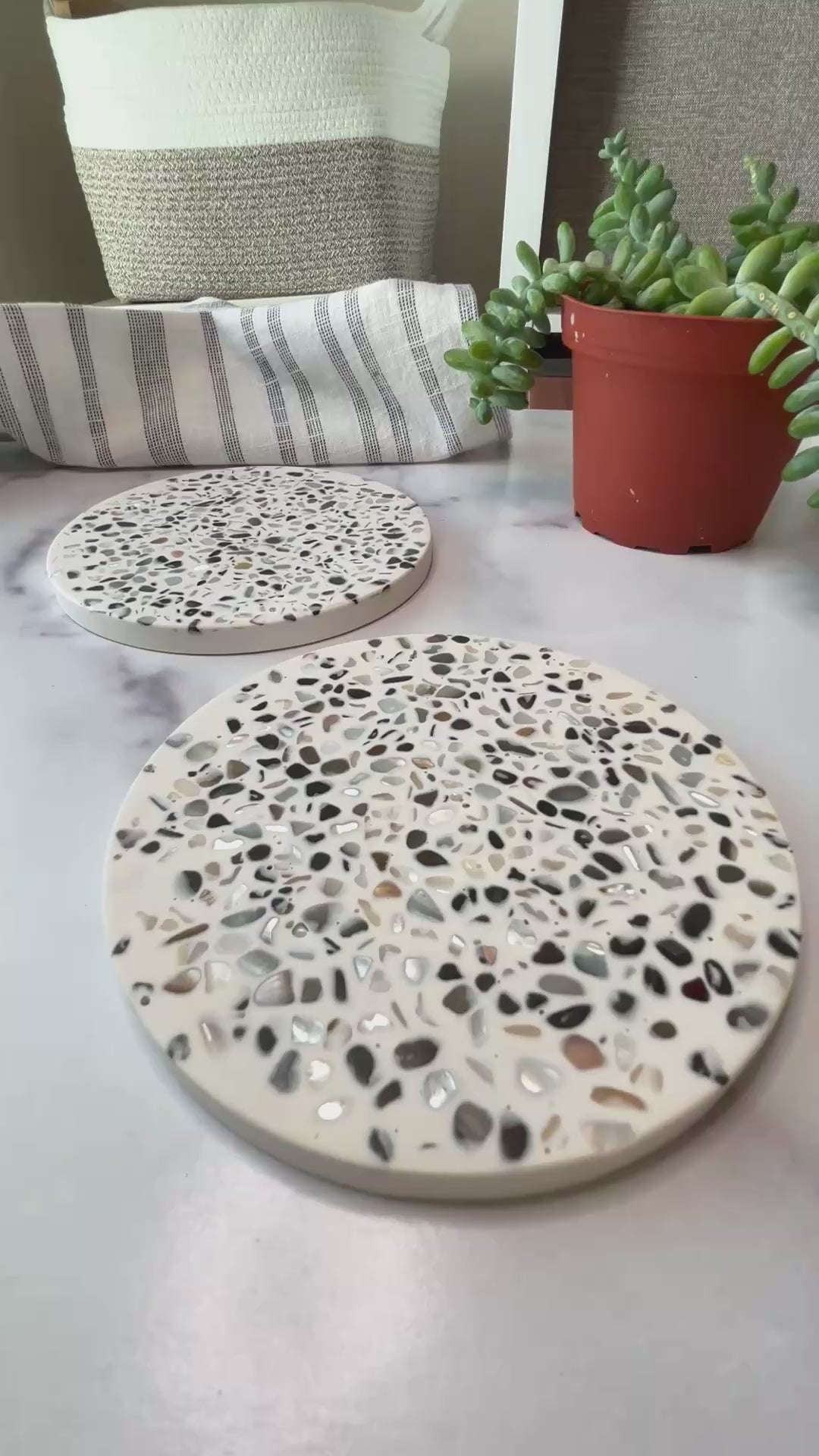 White Large Abalone Terrazzo Coasters – Set of 3