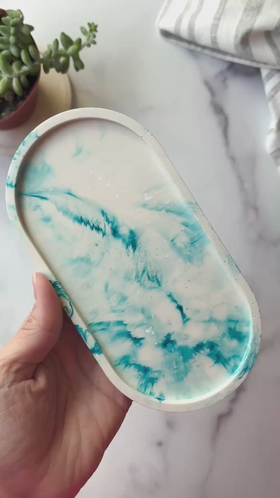 Teal Blue Marbled Oval Trinket Tray – Catchall Dish